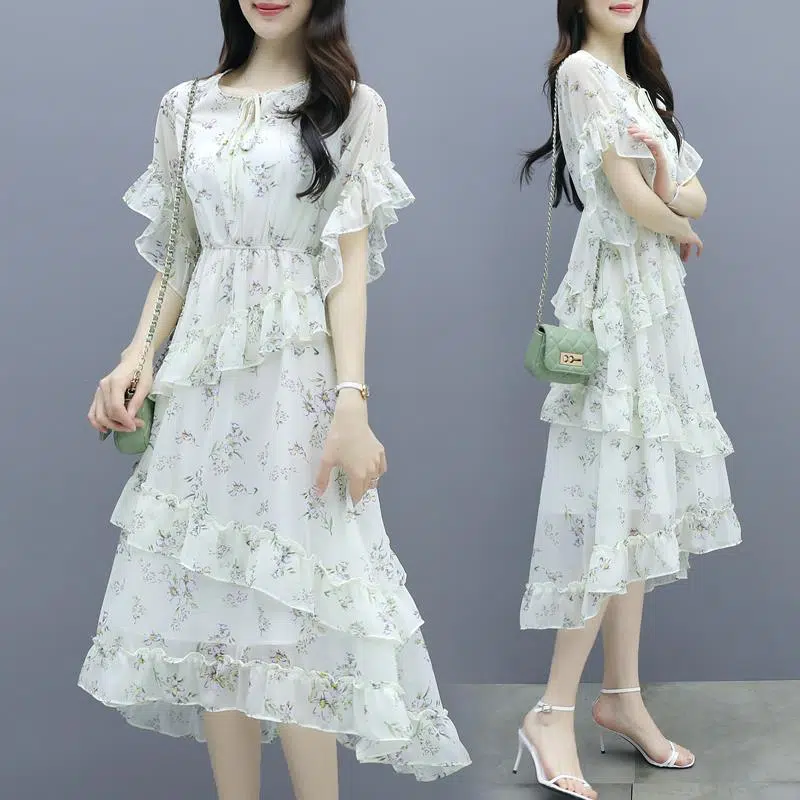 【Dress】今季トレンド～レディース人気ｖネック半袖イレギュラー花柄ワンピース　Z-5456