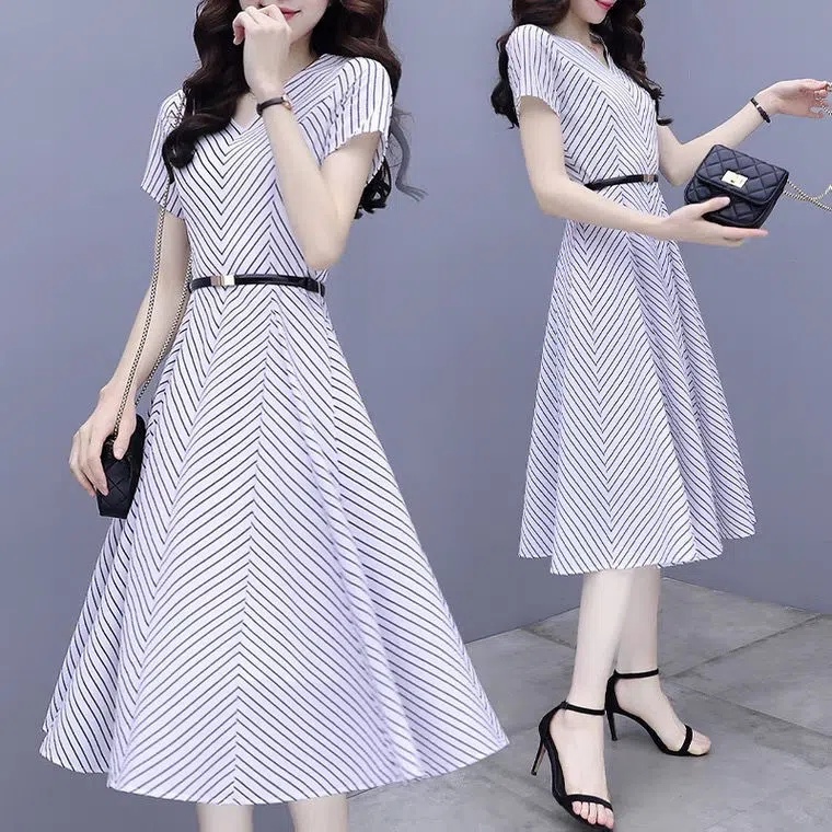 【Dress】レディース人気ｖネック半袖ストラップ柄ワンピース　Z-5582