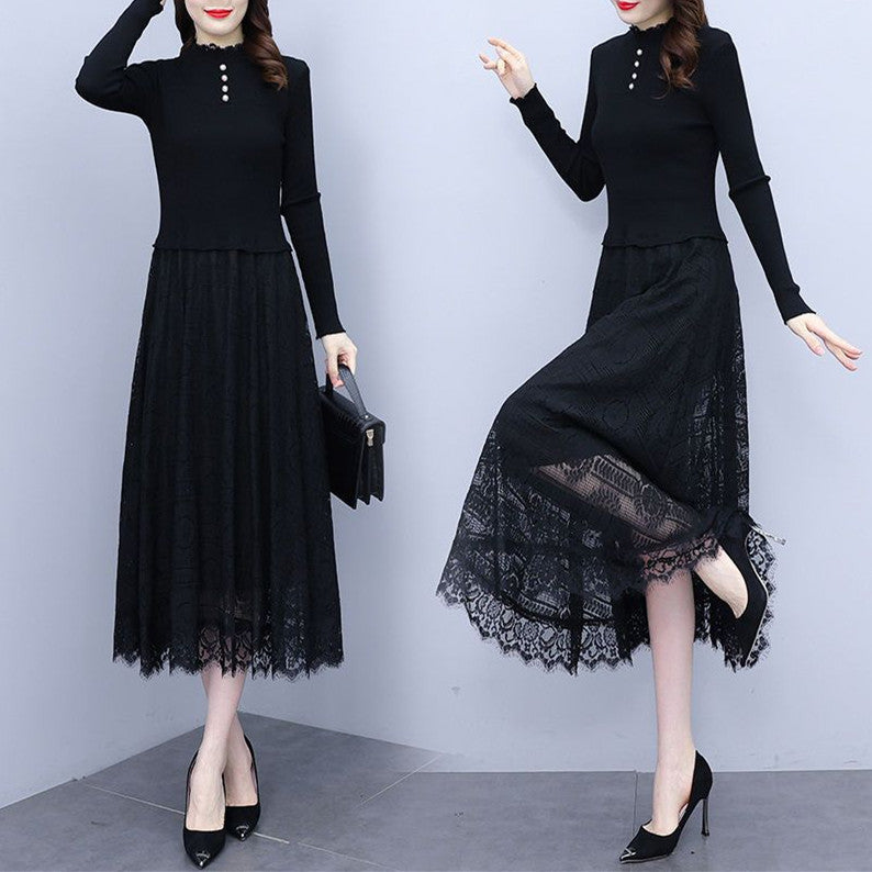 【Dress】レース切り替えニットワンピース     W8150