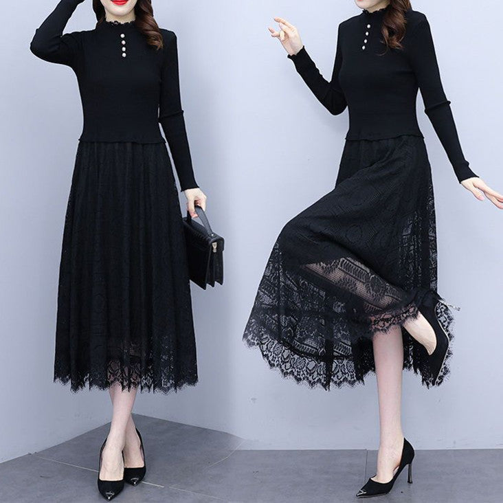 【Dress】レース切替ニットワンピース　W8812