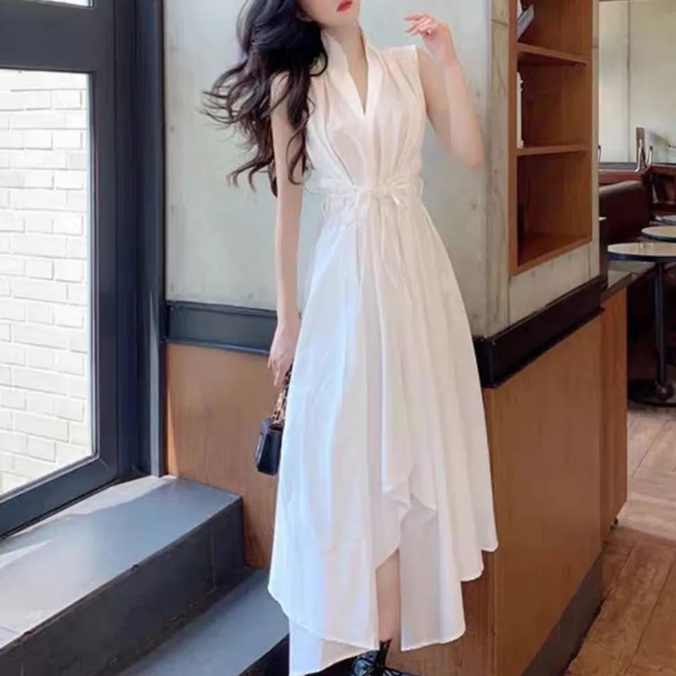 【Dress】大人気～ノースリーブウエスト絞りイレギュラー夏シャツワンピース   W-5939